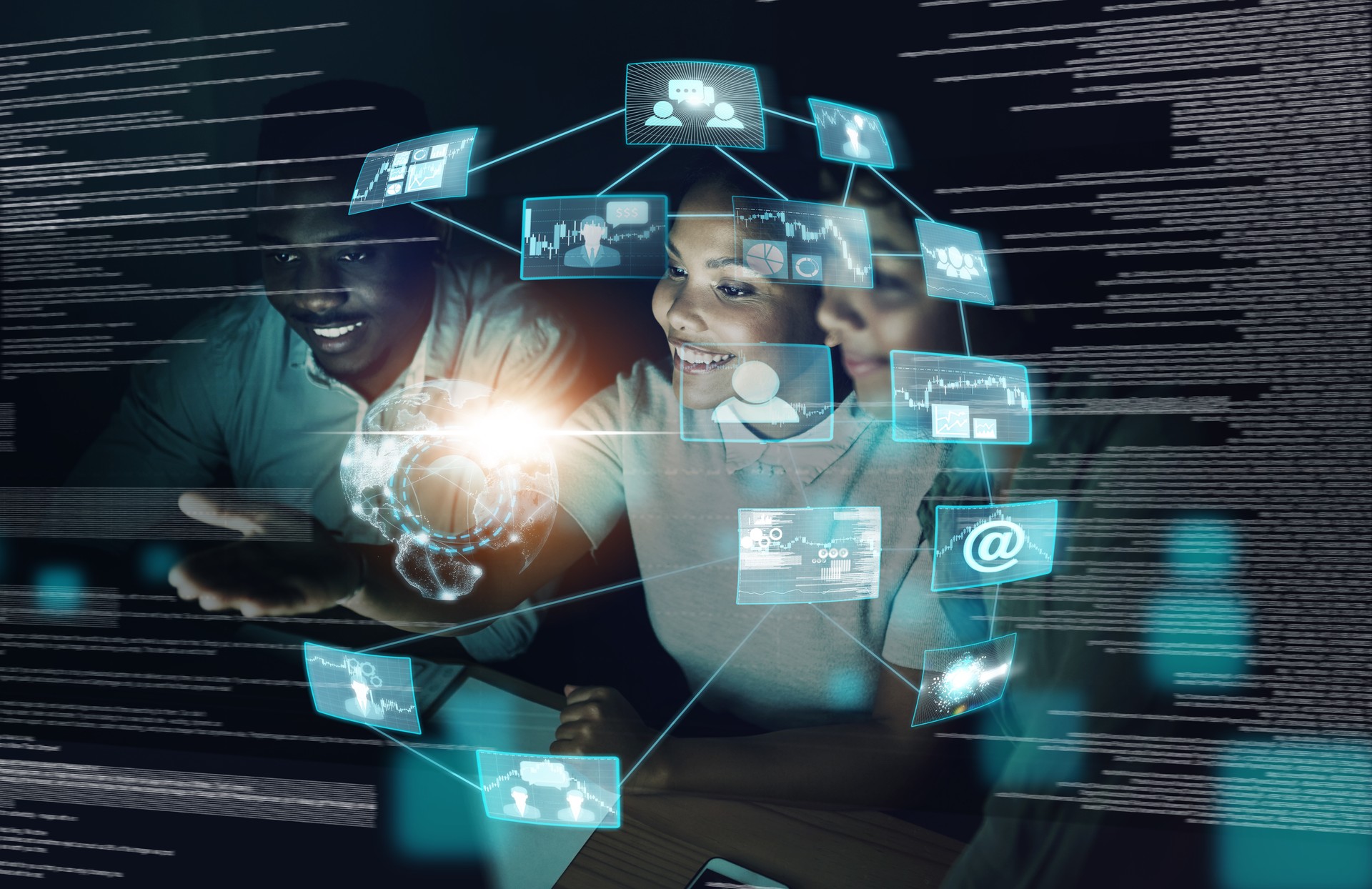 Business people, IoT and virtual hologram in team collaboration with big data, technology and night at office. Group of employee developers in digital networking, communication and fintech at work